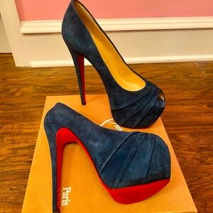 Christian Louboutin Drapesse 160 Suede Teal Peep Toe Heels